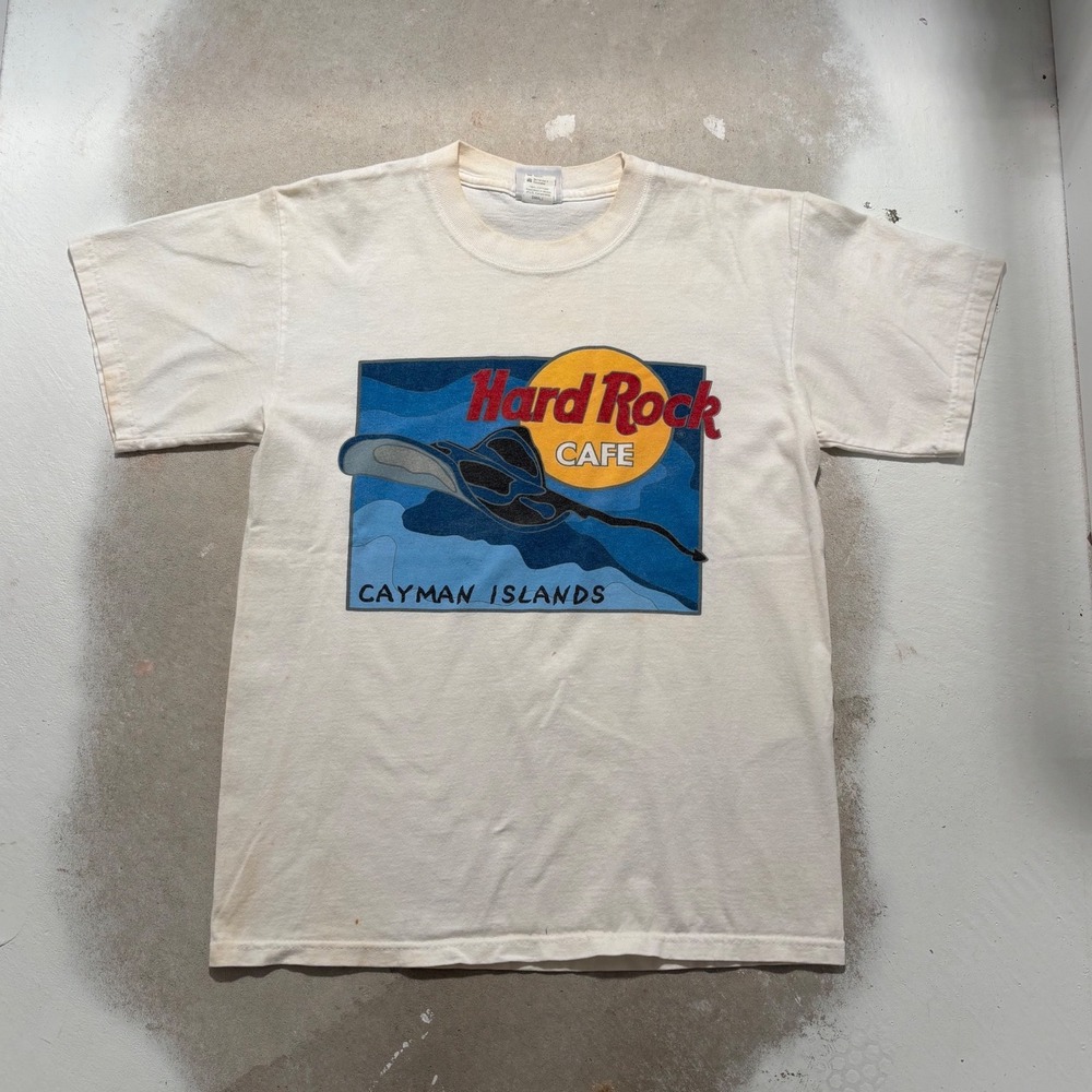 Vintage Hard Rock Cafe Cayman Islands Stingray Graphic T-Shirt Mens Small Cream